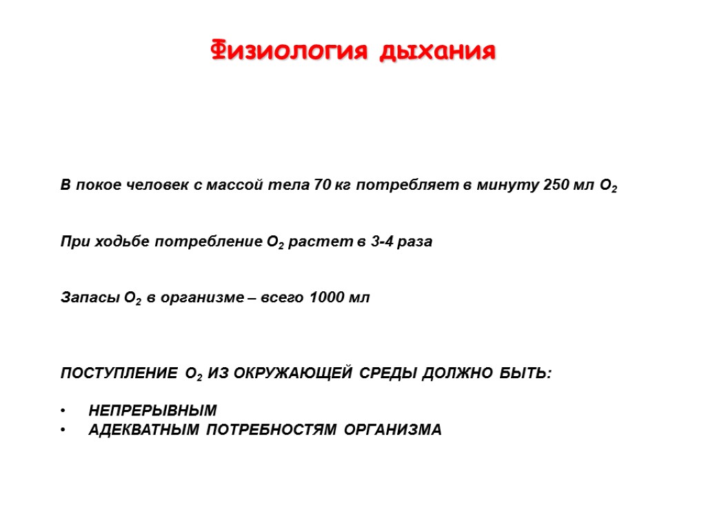 Физиология дыхания В покое человек с массой тела 70 кг потребляет в минуту 250